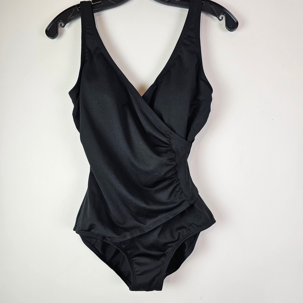 Jantzen Classics Womens Black One Piece Swimsuit Surplice Wrap Ruched Size 8